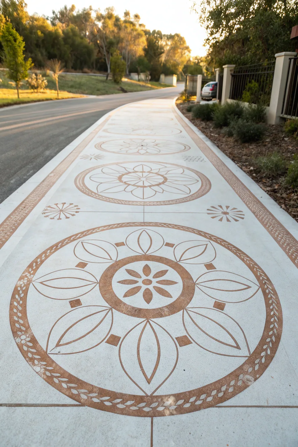Stencil medallions create outdoor tilework vibes, guiding the driveway with soft boho rhythm.