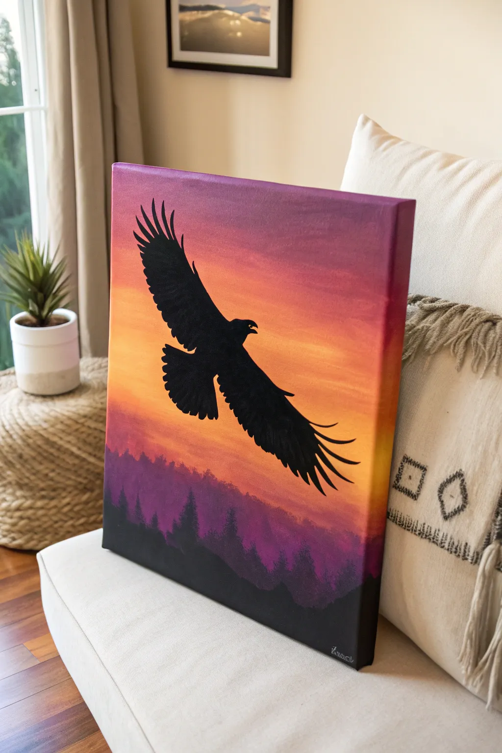 Minimalist eagle silhouette over a blazing sunset gradient, perfect for a modern boho gallery wall.