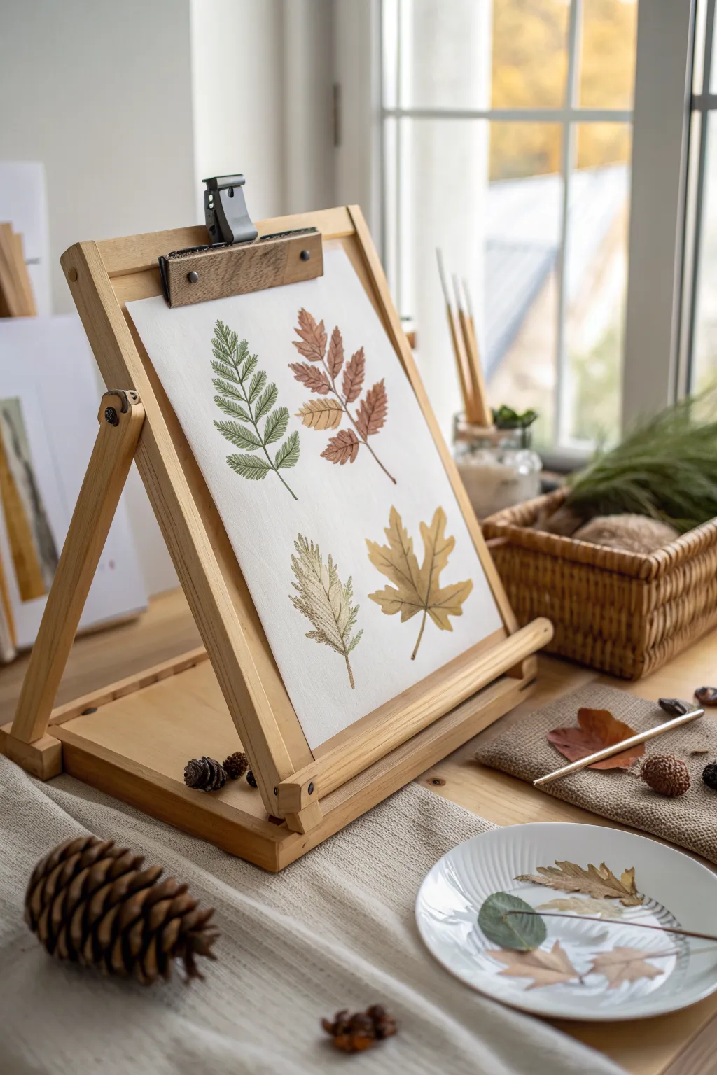 Earthy leaf and pinecone nature prints on an easel, an easy preschool painting idea to try