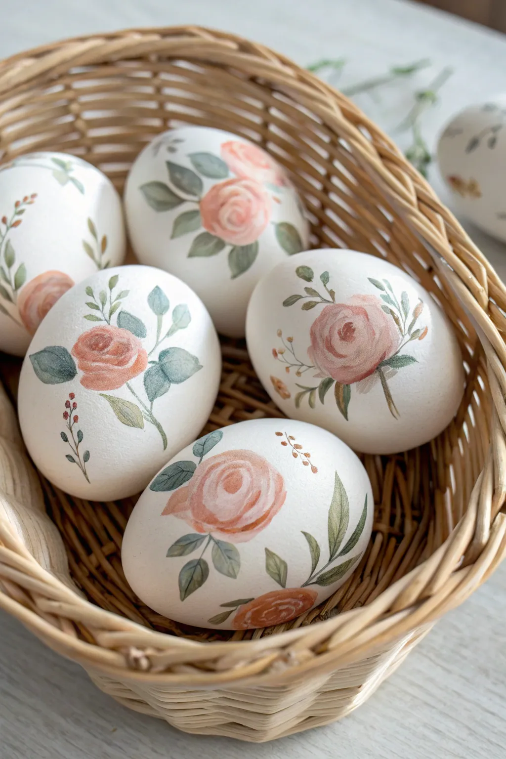 Delicate watercolor florals on Easter eggs, styled simply in a minimal woven basket.