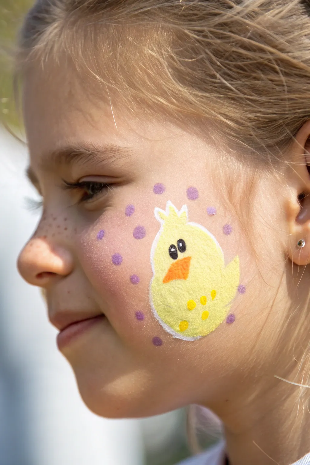 Minimal Easter cheek art: tiny pastel chick badge with Scandinavian calm and boho charm