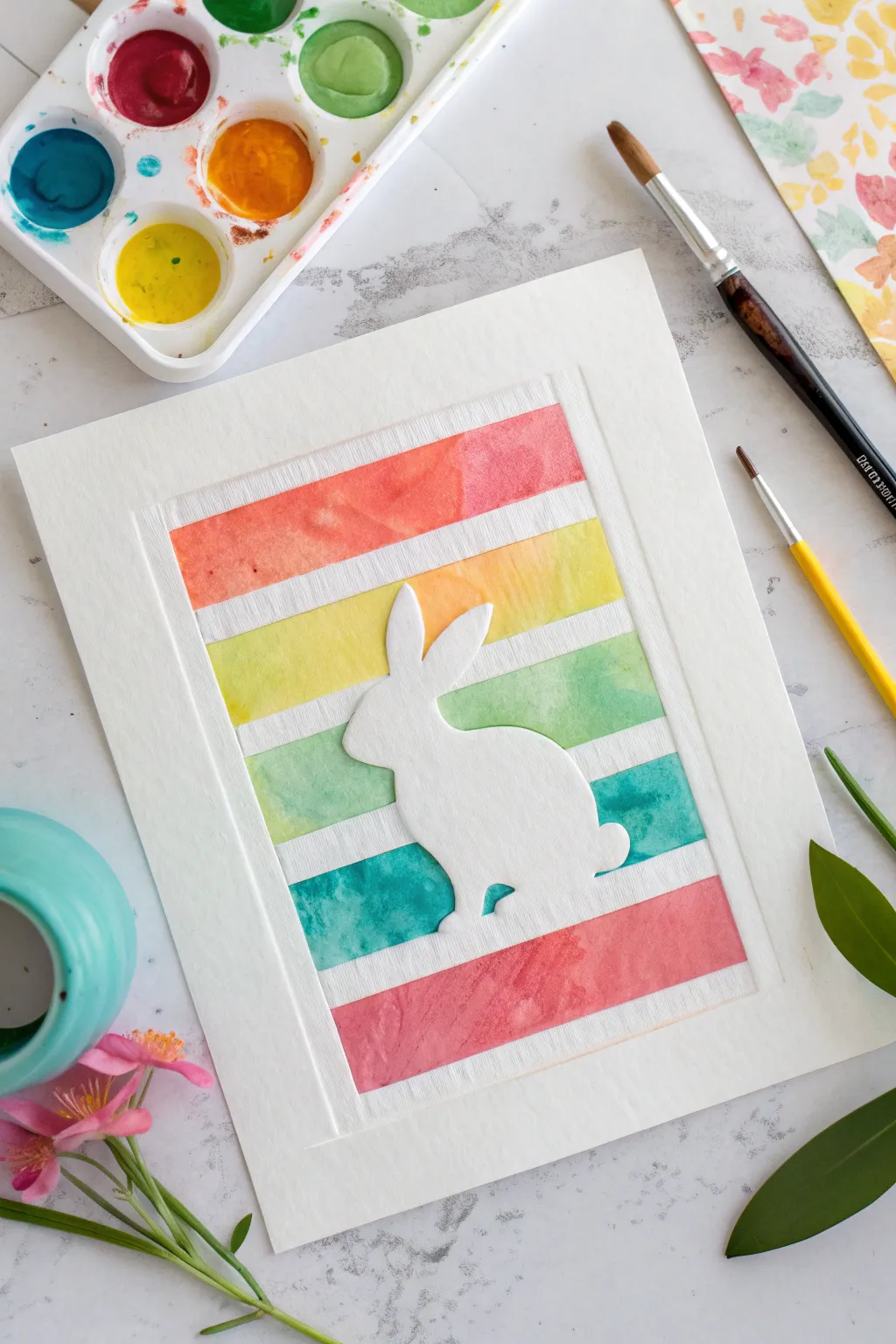 Crisp tape-resist bunny silhouette with bright paint splashes, a simple Easter art idea for kids