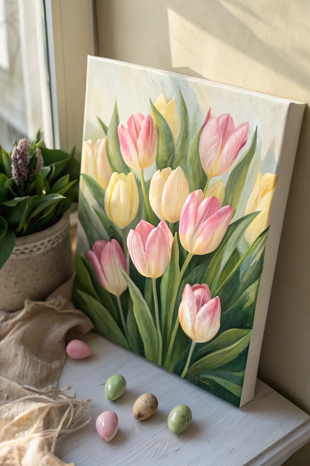 Close-up tulip canvas painting with pastel Easter eggs tucked in for a subtle spring surprise