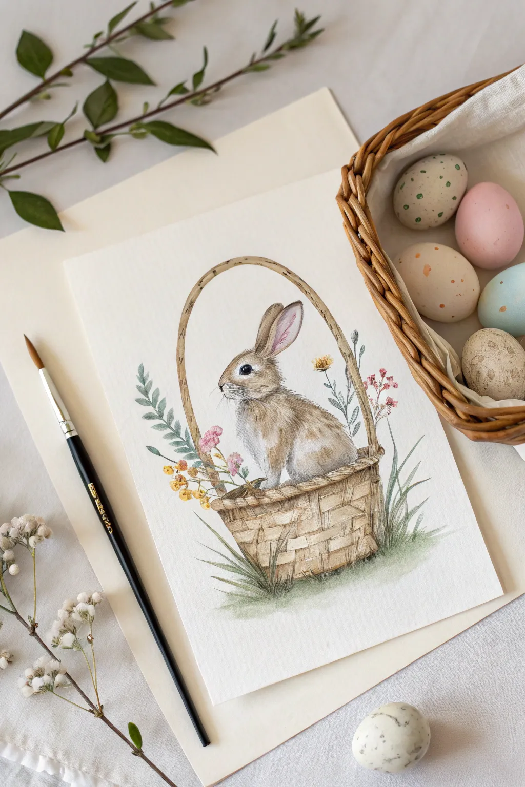 Soft pastel watercolor bunny in a woven basket with Easter eggs, minimalist and cozy