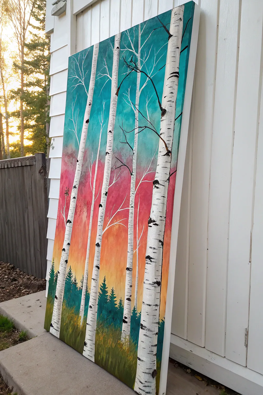 Colorful birch tree acrylic painting idea with bold blended background and crisp white trunks.