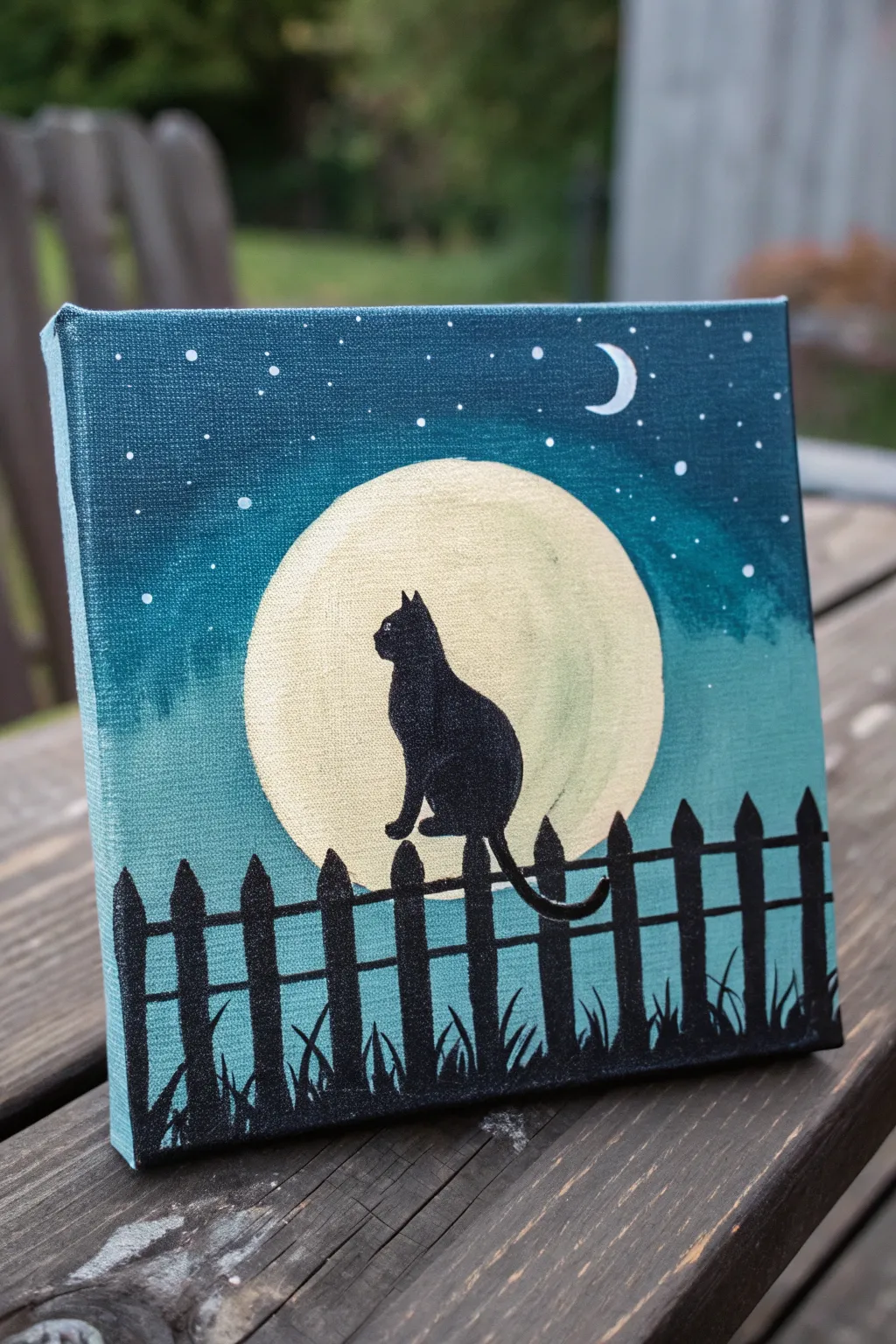 Easy acrylic night sky: bold cat silhouette on a fence with a glowing moon, perfect for kids