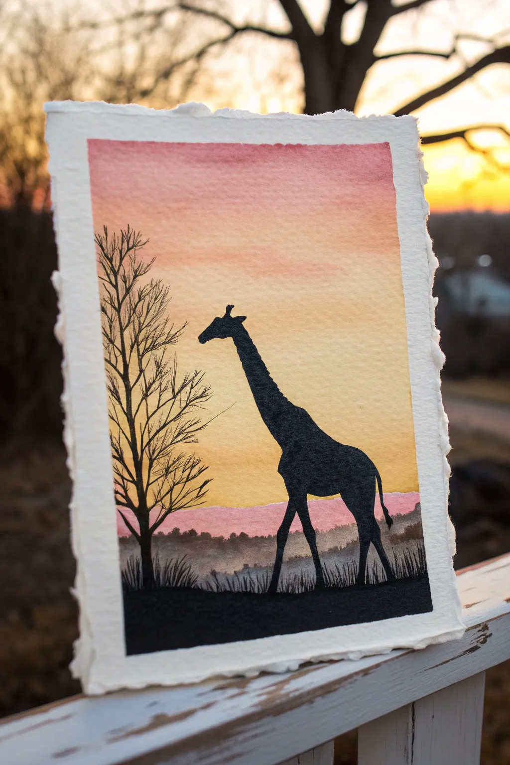 Minimal giraffe silhouette on a warm sunset gradient, a simple beginner animal painting idea