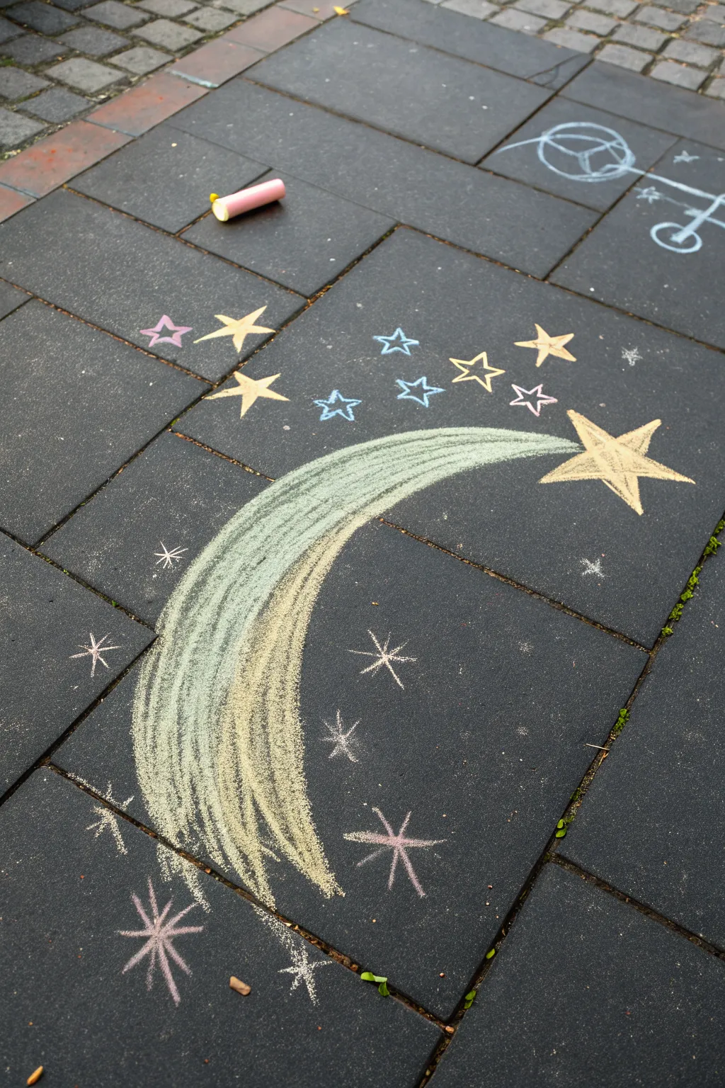 Beginner chalk magic: a simple shooting star trail with tiny sparkles on dark pavement.