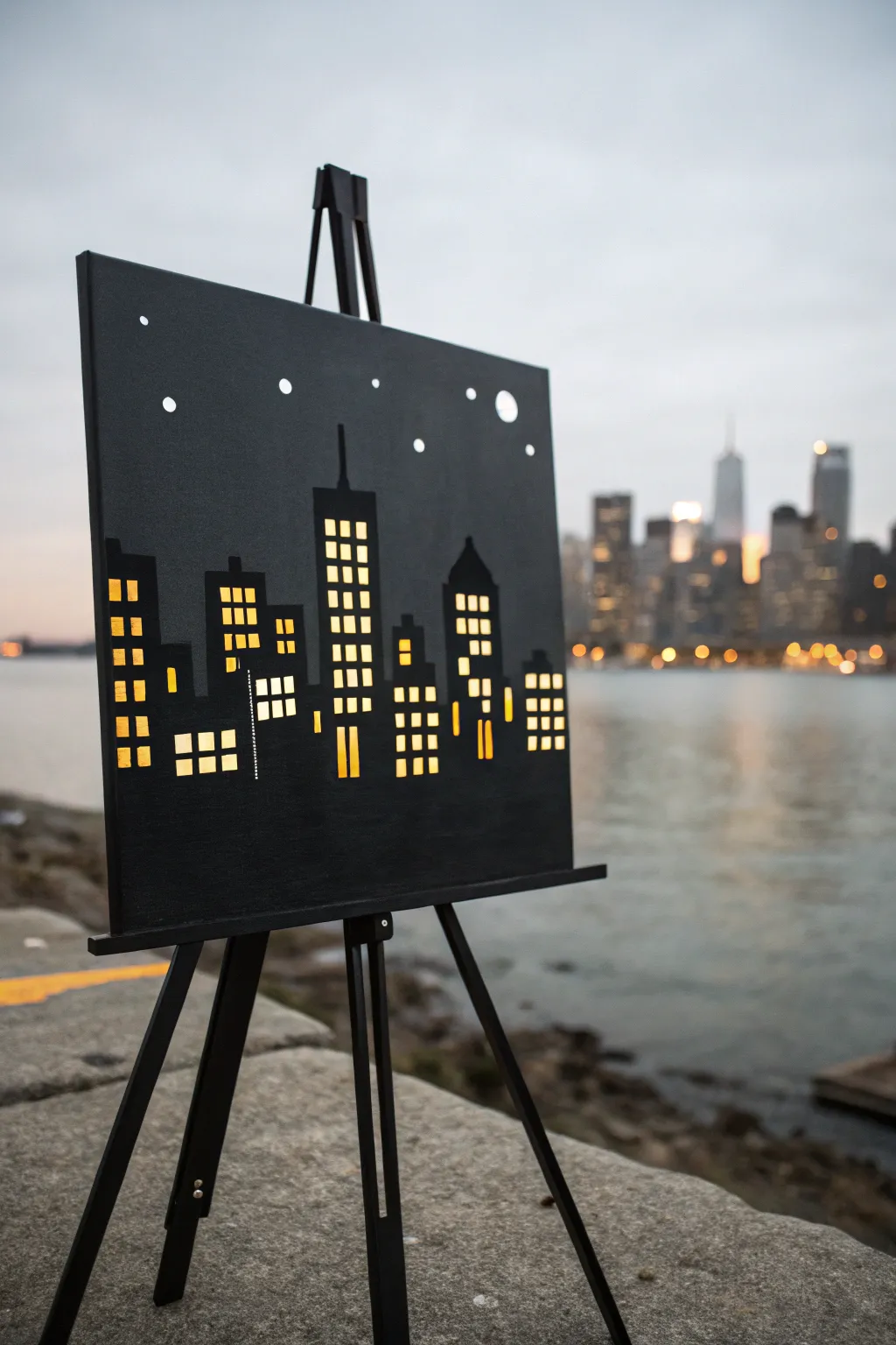 Minimal black canvas skyline with warm window lights, bold contrast and cozy night glow.