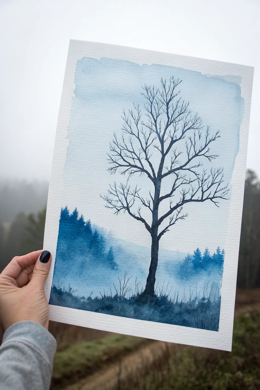 Paint a bare branch silhouette drifting through layered blue fog for a calm minimalist vibe.