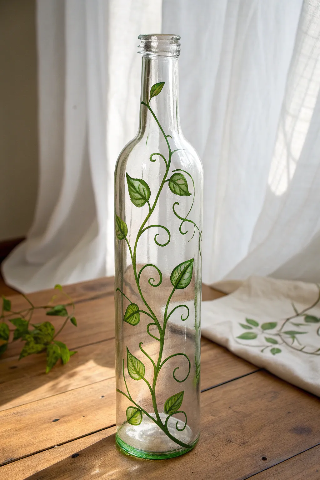 Soft green vine bottle painting that looks charming even with wiggly lines, simple and serene.