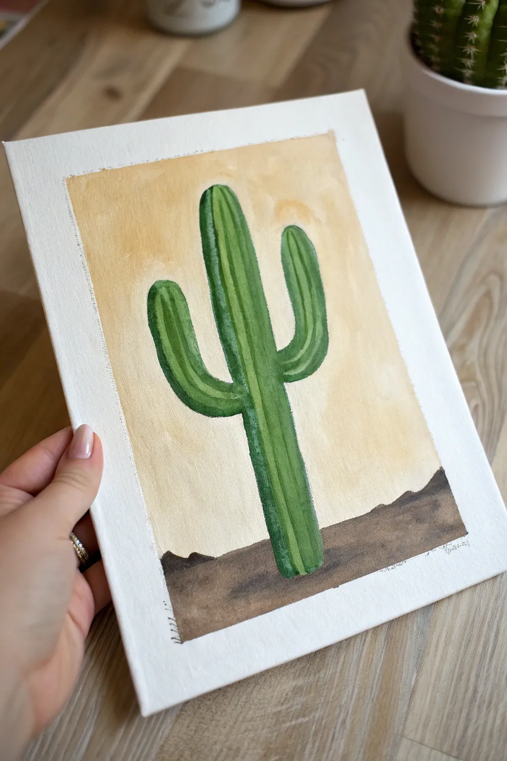 Easy cactus painting: one crisp white highlight line gives instant depth in a minimalist style