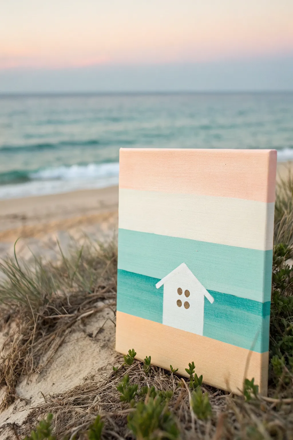 Minimal beach house canvas with sandy beige and two-tone turquoise ocean bands