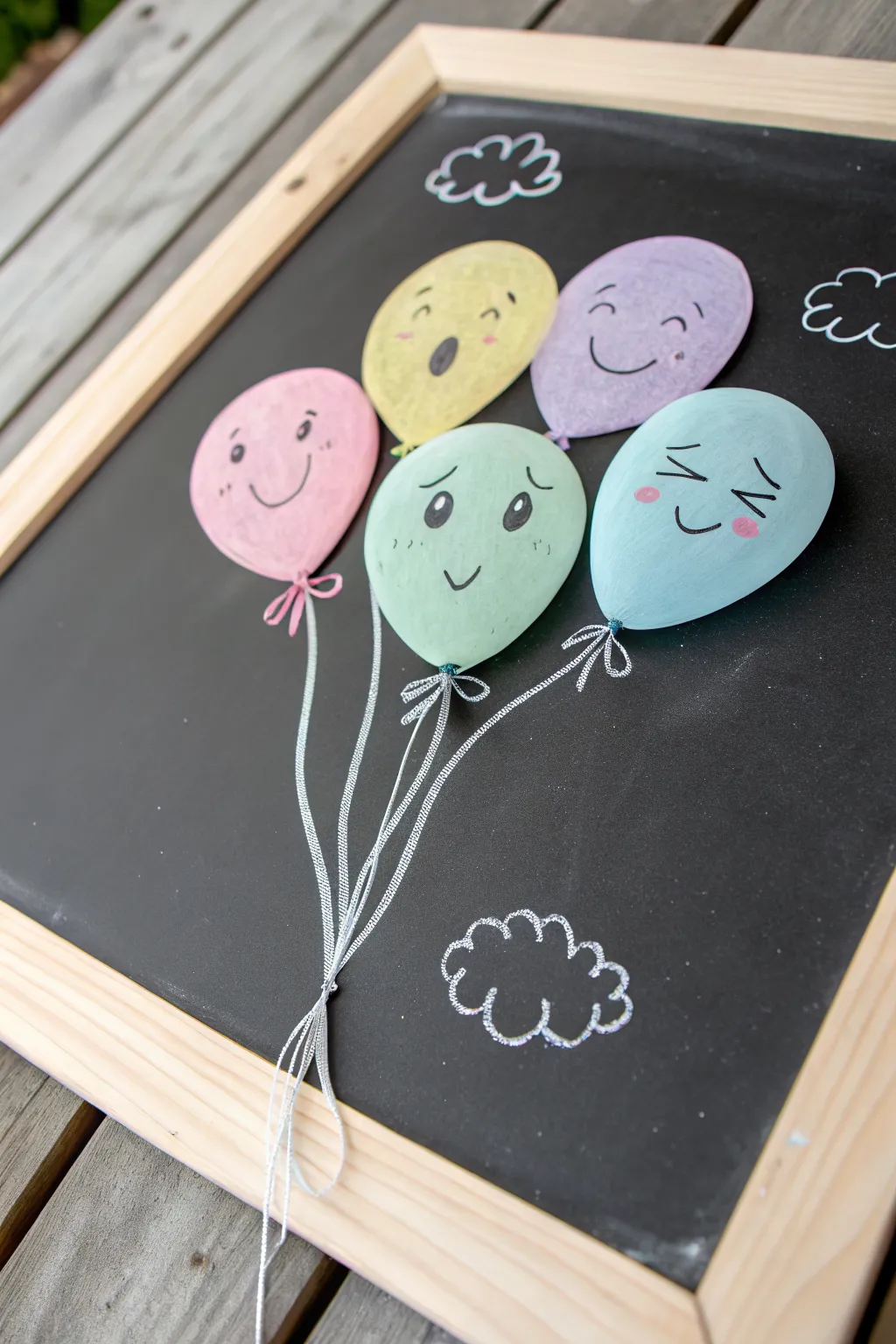 Easy chalk balloon bunch with cute faces, simple highlights, perfect for beginner cartoon art.