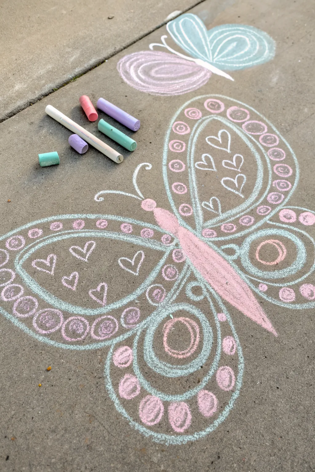Easy symmetrical butterfly chalk art with simple patterns and soft pastel colors for kids