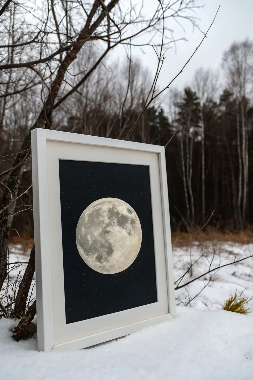 Creepy minimalist moon framed by bare branches, an easy acrylic idea with bold contrast.