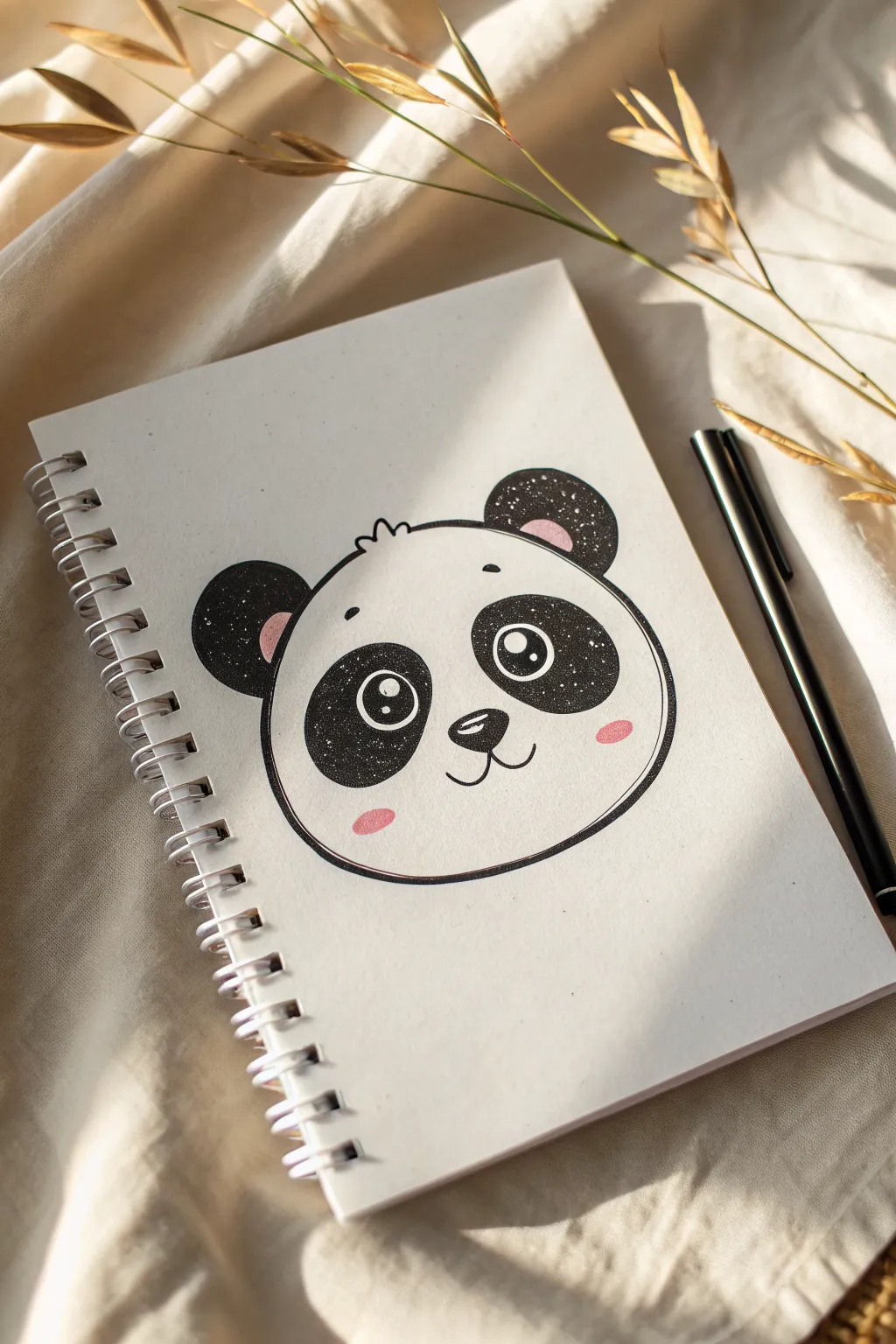 Minimal panda head with soft blush cheeks and shiny eyes, a sweet easy drawing idea.