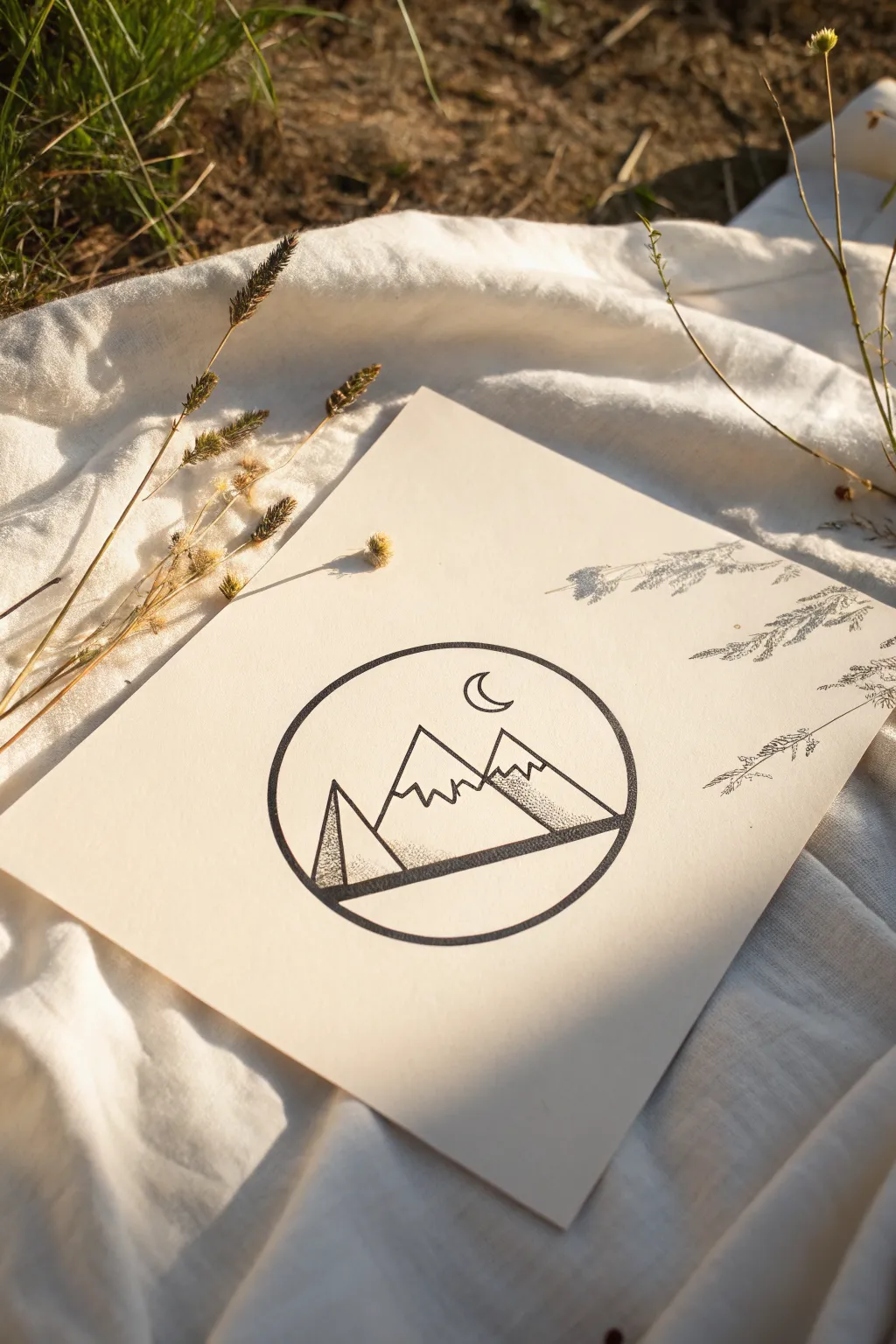 Minimal circle mountain landscape sketch idea: simple peaks, horizon line, tiny sun for quick drawing