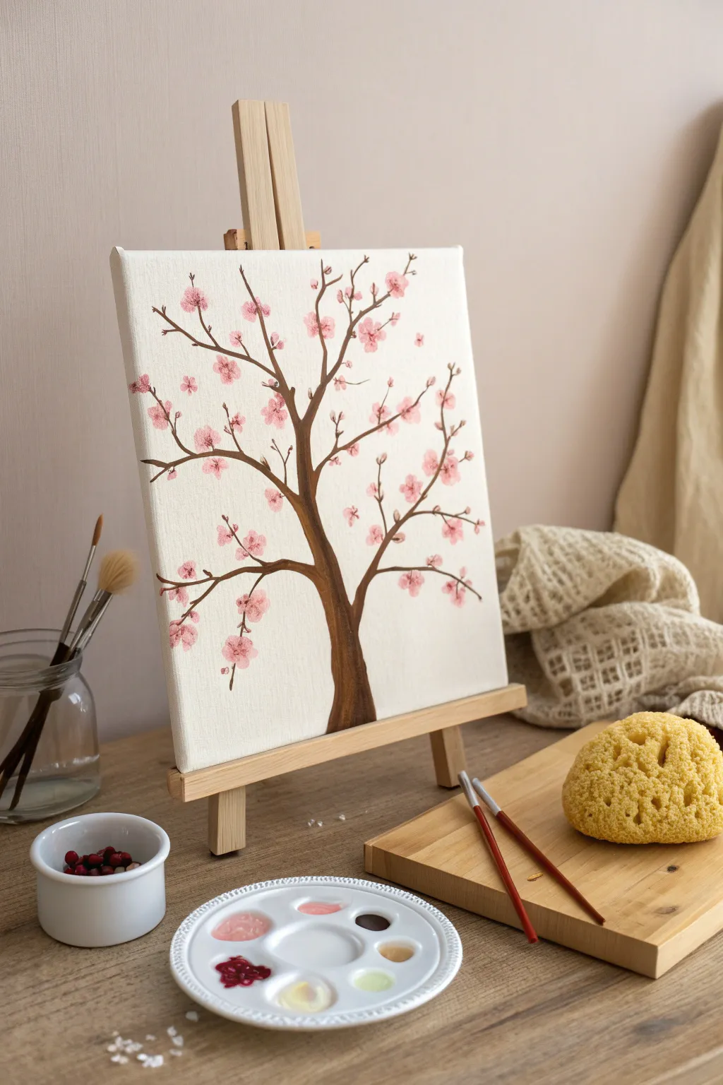 Sponge-stamped blossom tree: an easy DIY painting with soft pink blooms and cozy minimalist vibes.