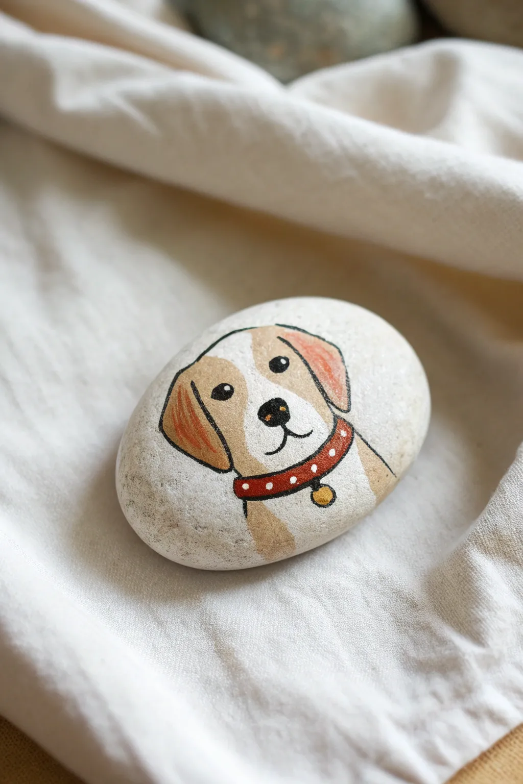 Minimal dog-face rock with a bold collar and tiny heart tag, simple and sweet to paint