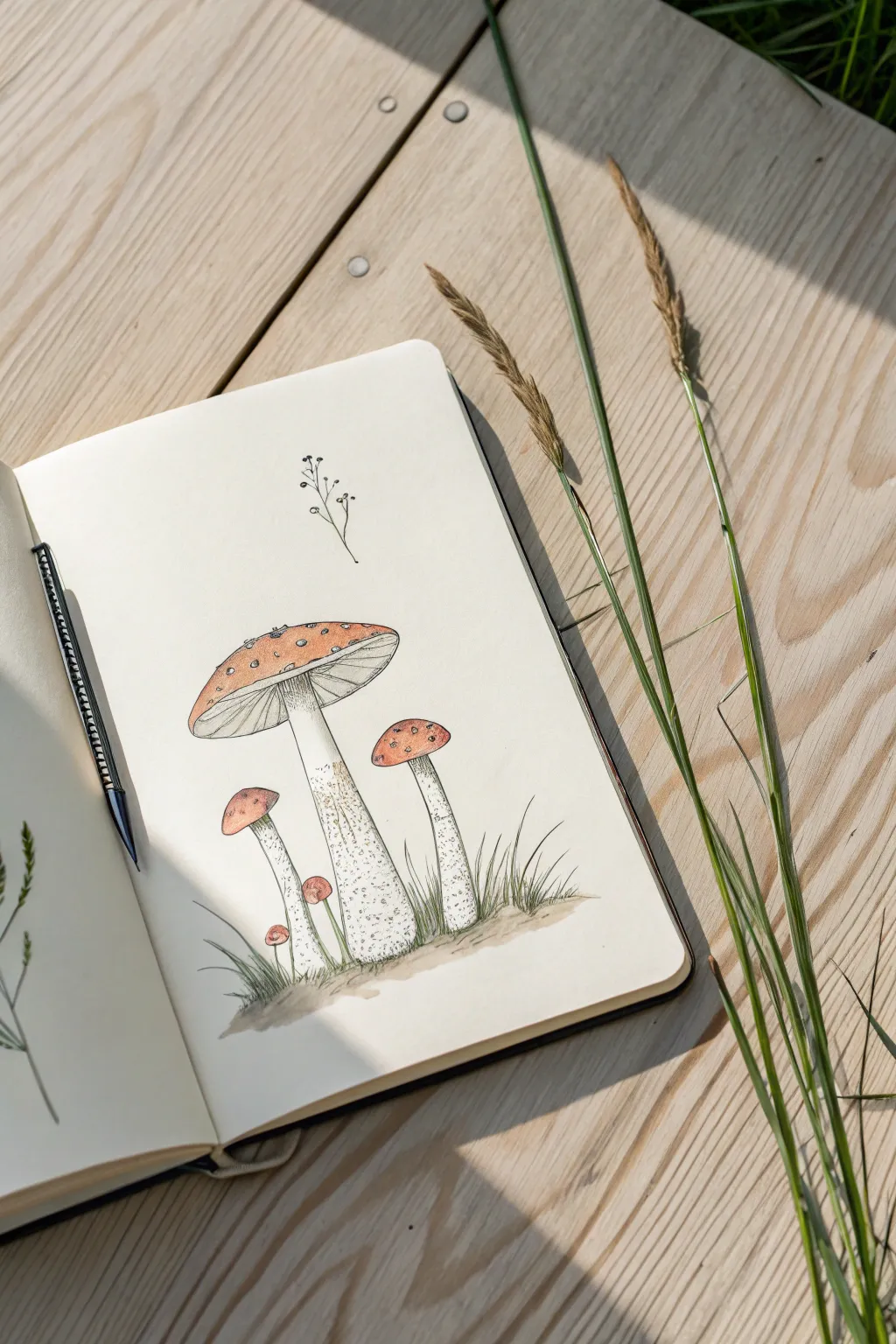 Tiny mushroom patch doodles in clean ink and soft earthy wash for an easy minimalist sketch