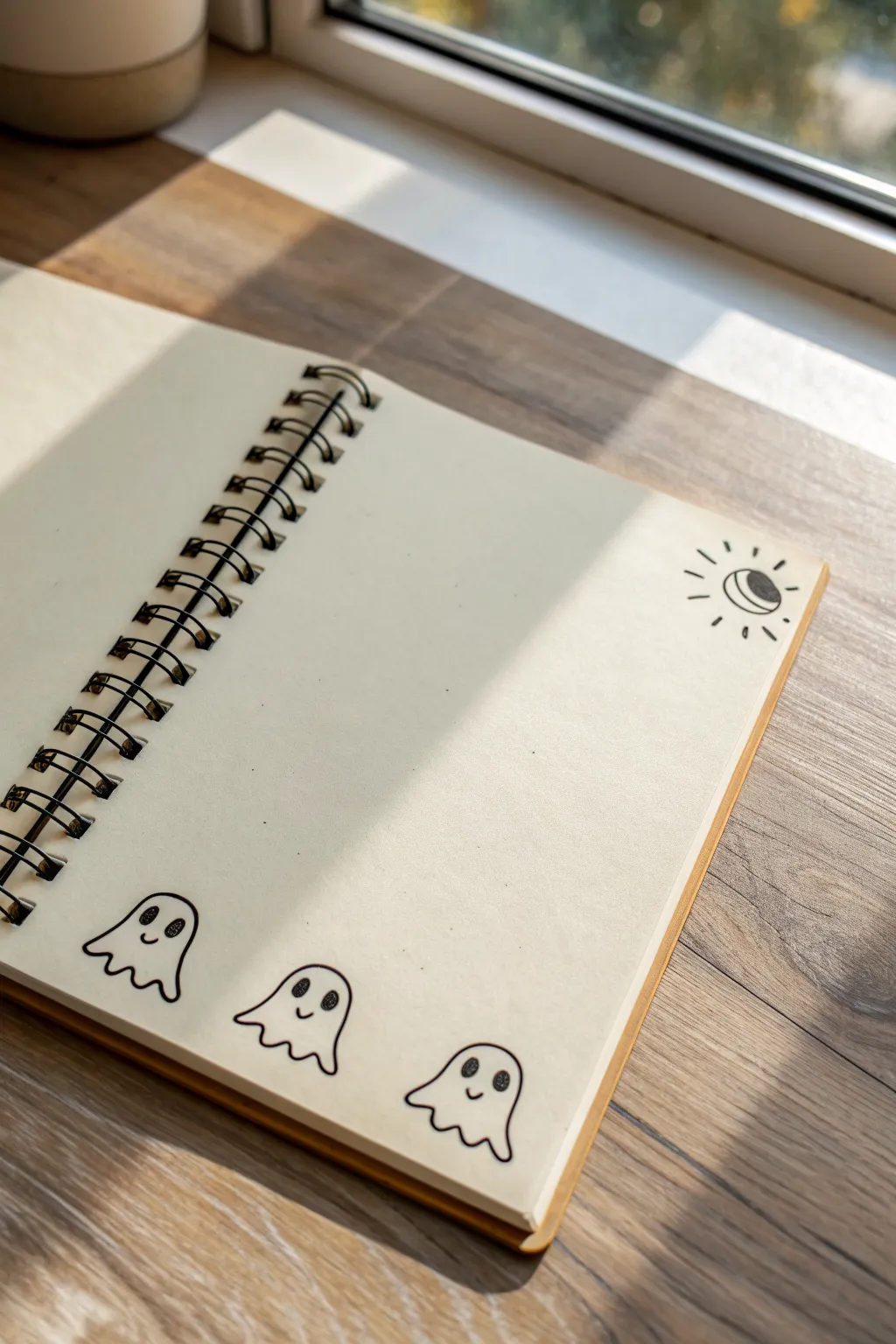 Cute little ghost doodles drifting in the notebook margin, a discreet and easy class sketch idea