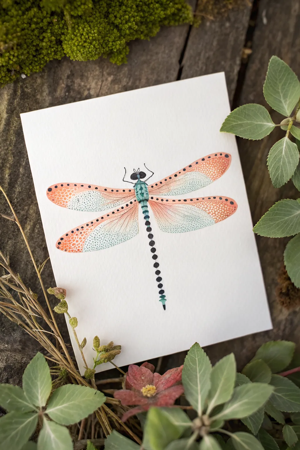 Beaded dot dragonfly: bright gradient body dots with simple outlined wings, beginner-friendly