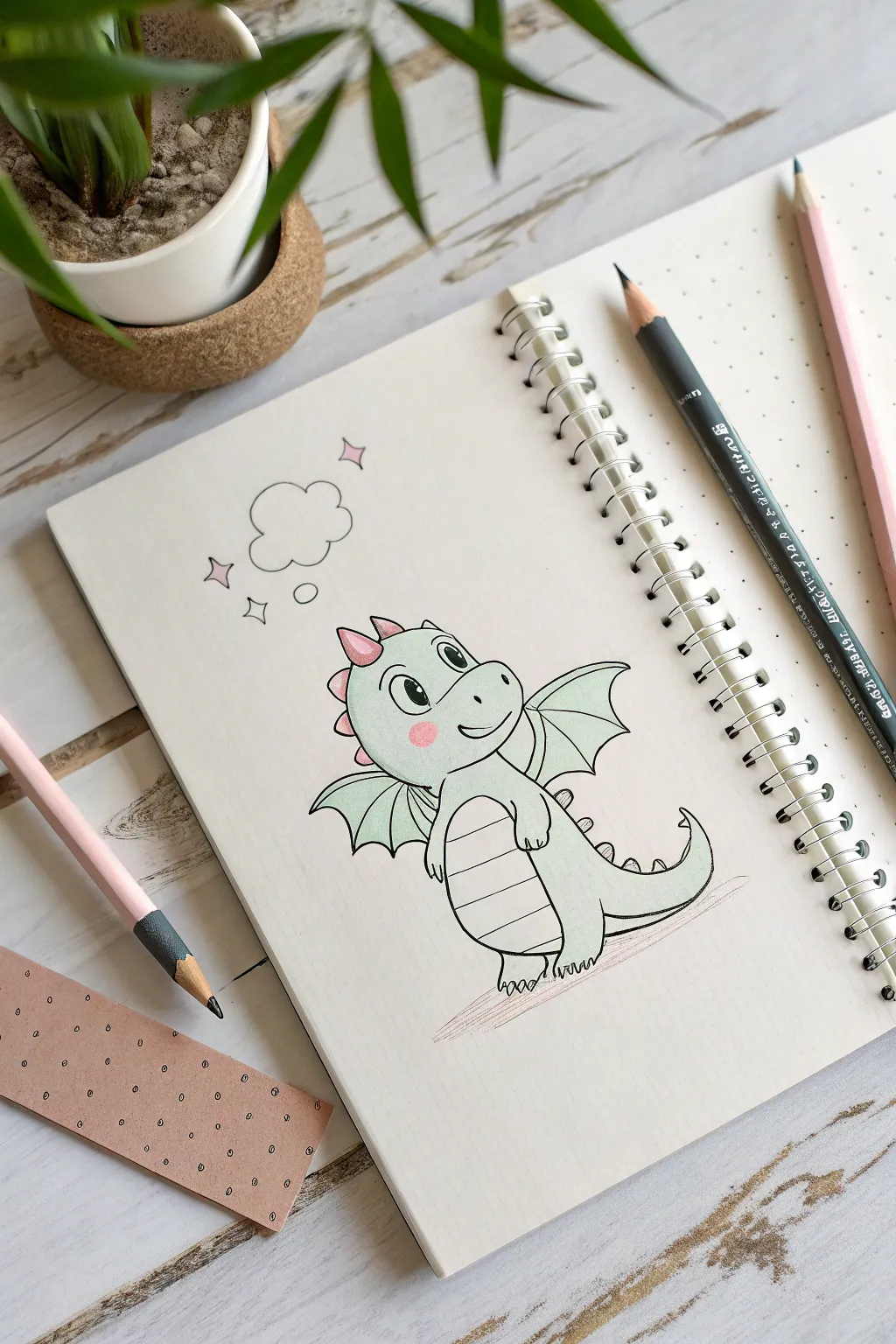 Friendly side-view dragon drawing with tiny wings, simple spikes, and easy U-shape scales