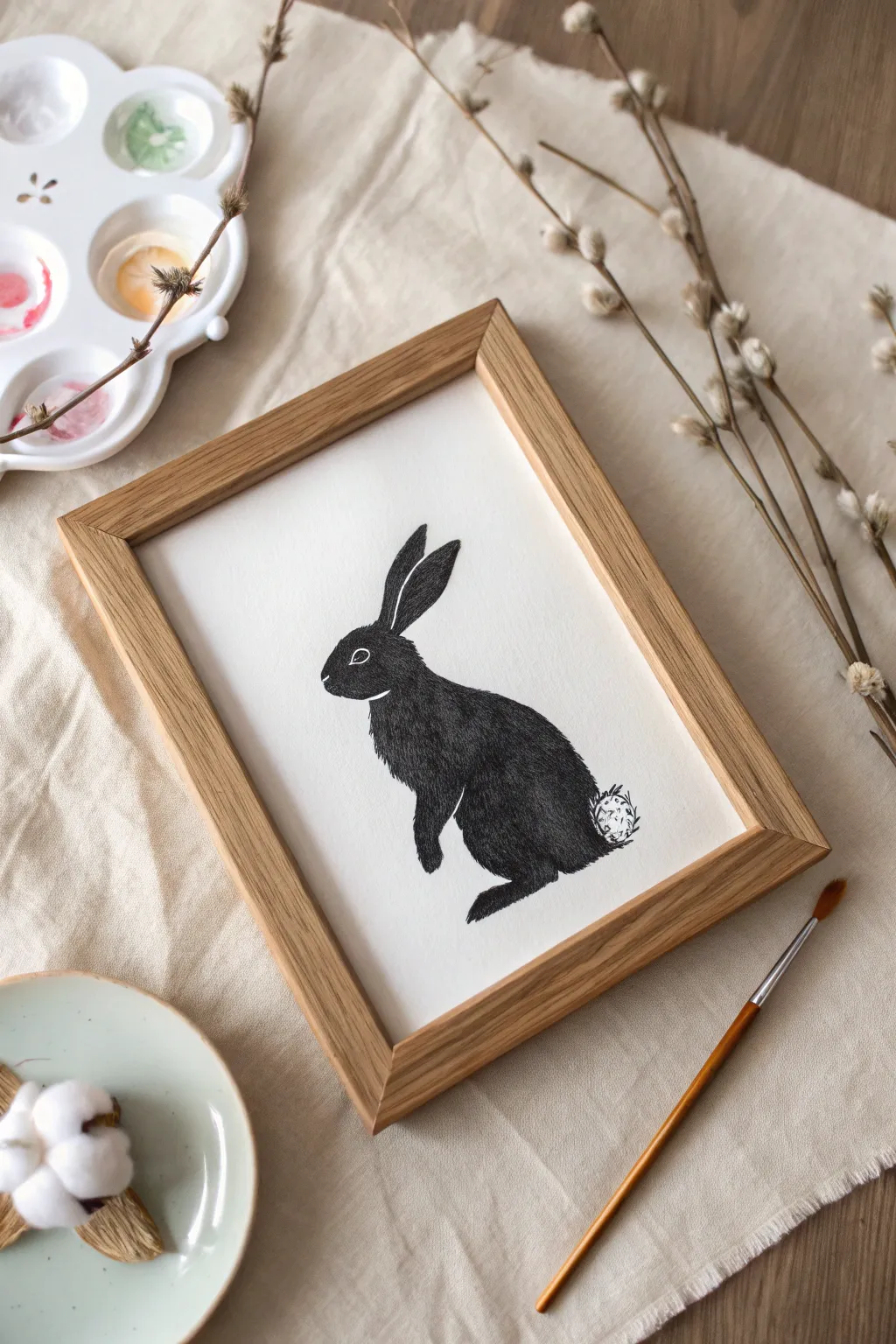 Easy Easter craft: minimalist bunny silhouette with a fluffy cotton ball stamped tail.