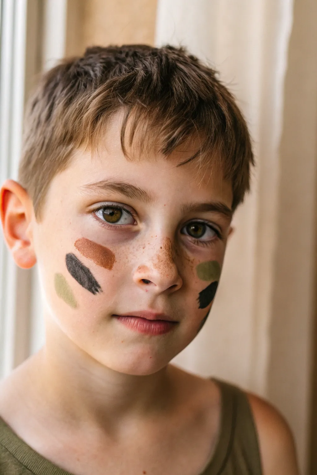 Quick camo smudge trio: bold olive, brown, and black blobs for an easy rugged look.