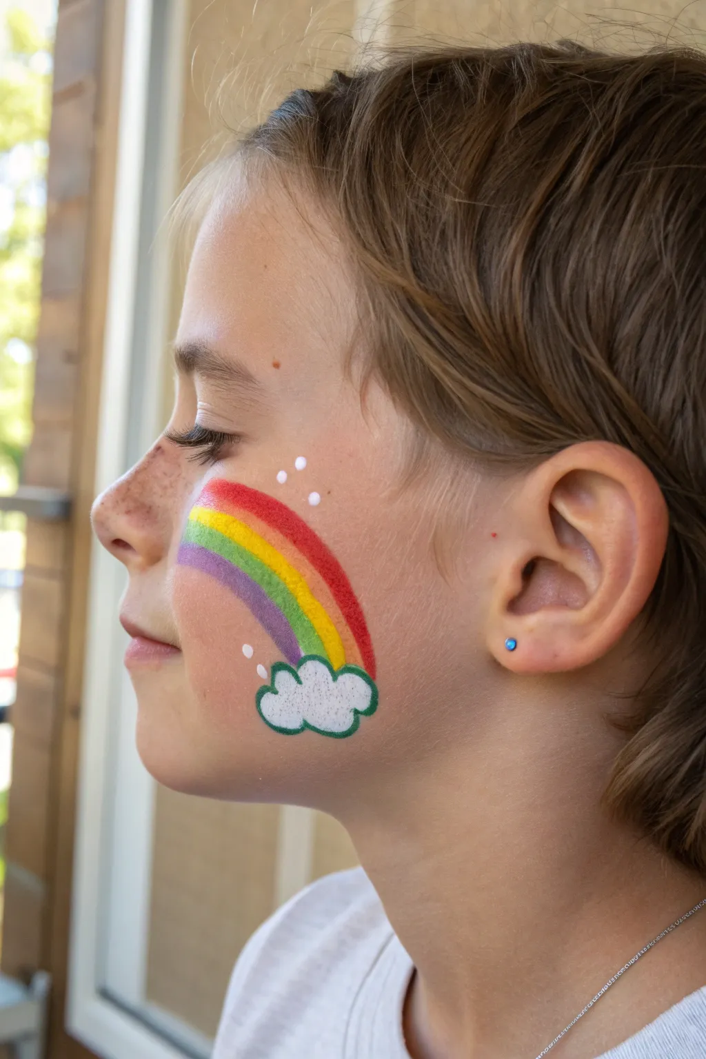 Rainbow cheek sweep with a fluffy cloud end, bright chunky stripes for a quick kid-friendly look