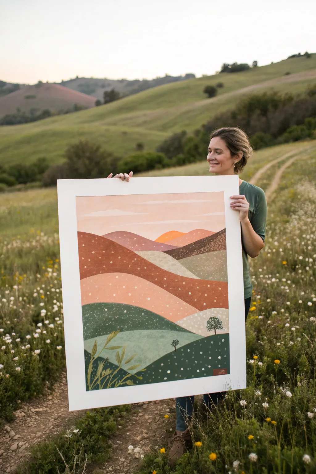 Flowery Hills: bold rolling colors with tiny dot blooms for an easy, joyful patterned painting.