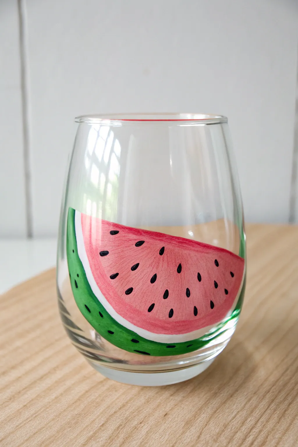 Bold watermelon wedge rim on a clear stemless glass, bright natural light and crisp contrast