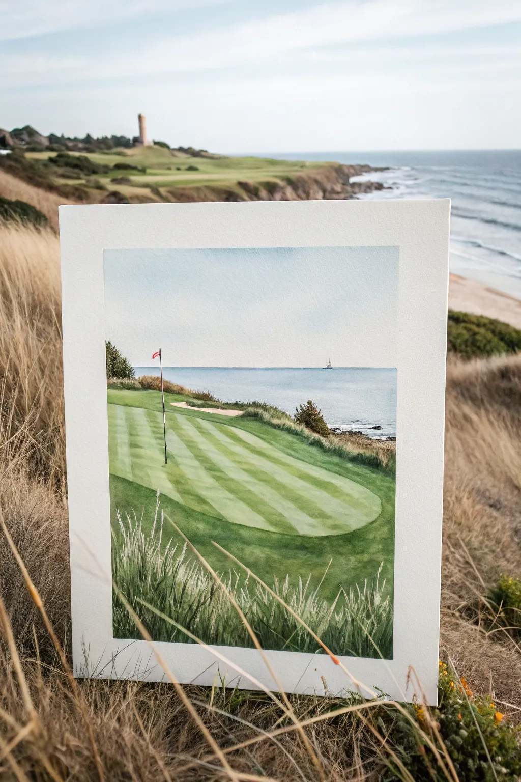 Minimal striped fairway landscape with a tiny flagstick, an easy golf painting idea to try.