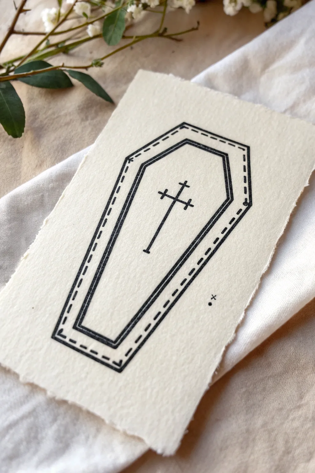 Minimal coffin outline with tiny gothic details, bold ink lines on textured paper