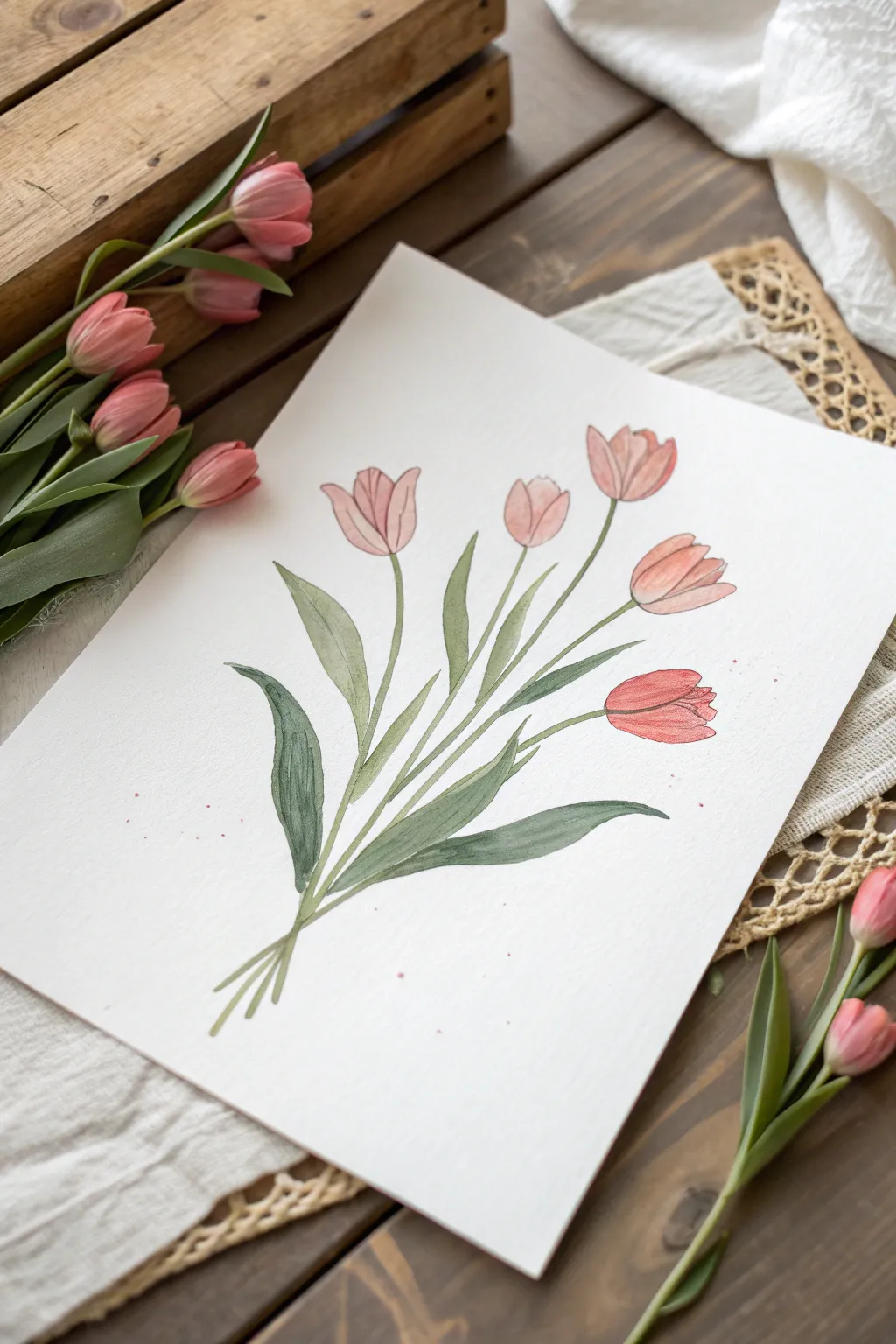 Graphic tulips in gouache: simple two-step petals for a modern, minimalist bouquet.
