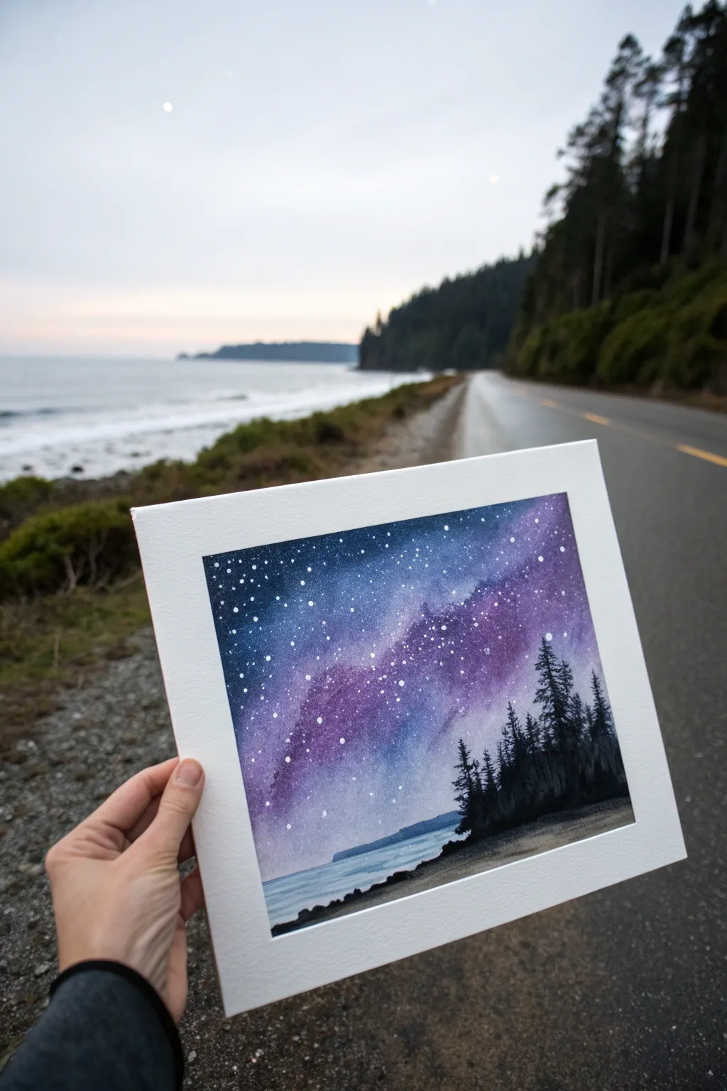 Paint an indigo-to-black spooky sky gradient with splatter stars and room for a horizon.