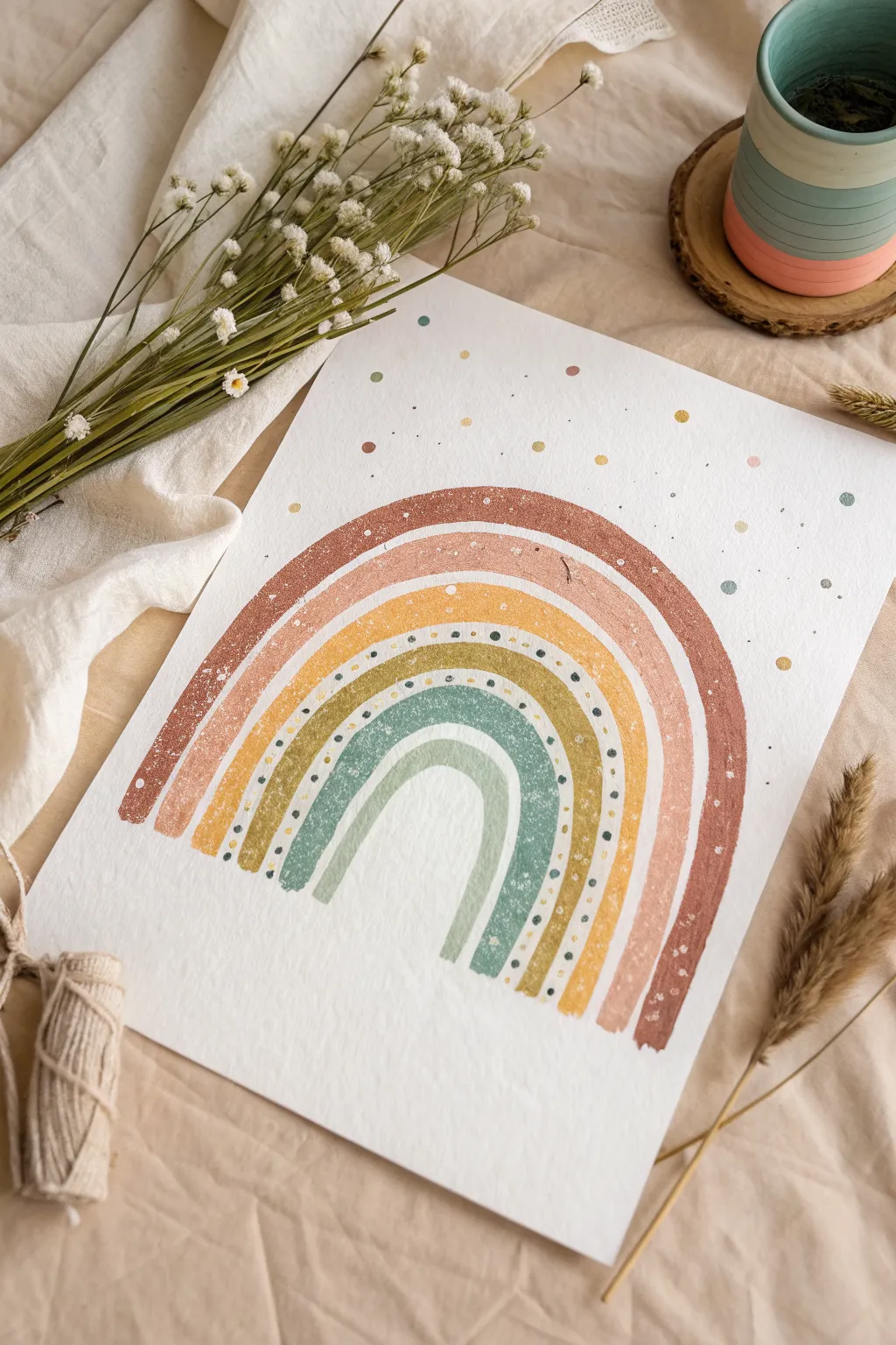 Chunky rainbow arches with tiny sparkles, a simple retro hippie doodle for cozy boho vibes.