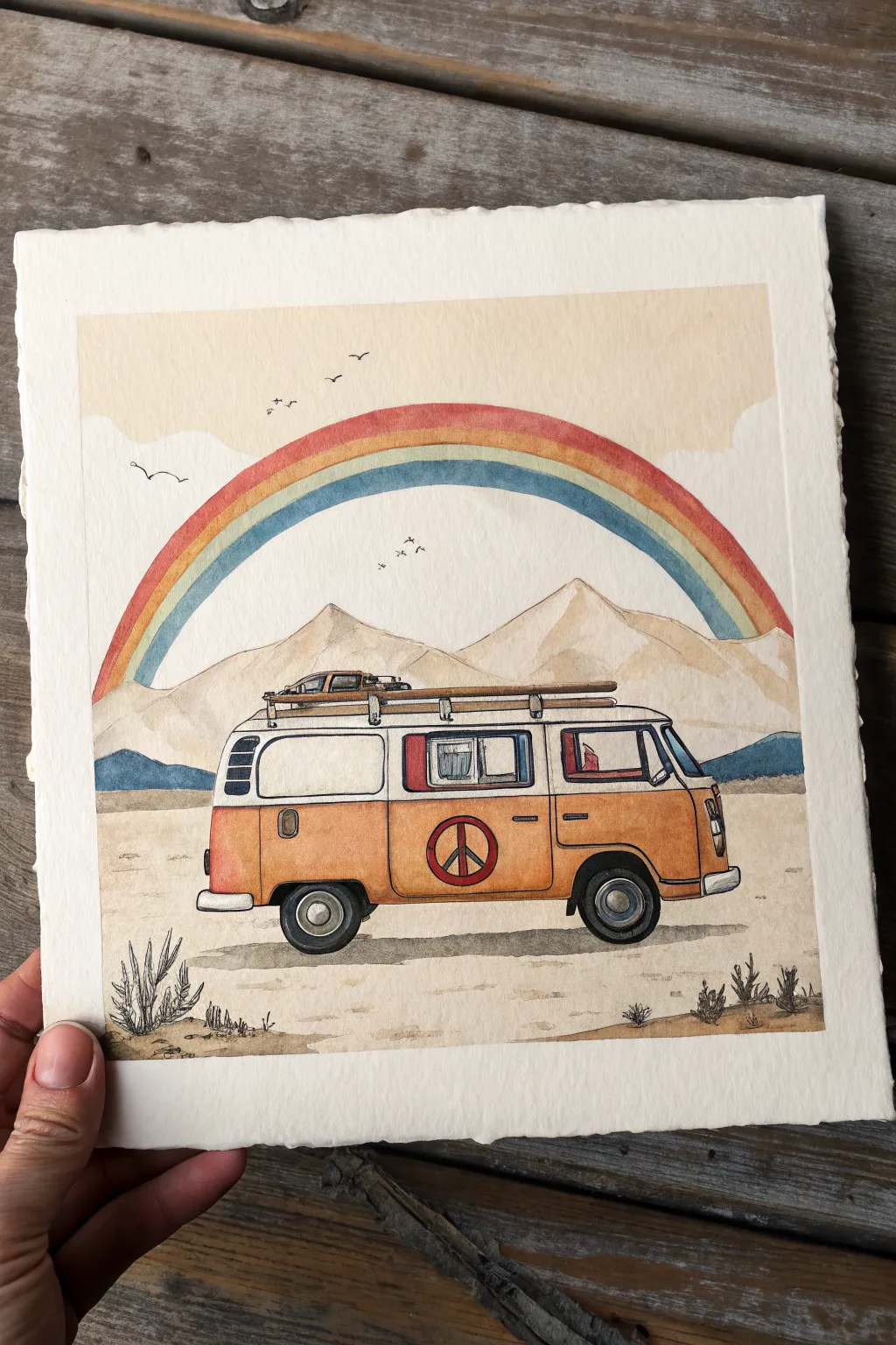 Paint a sweet retro van under a wide sky with a peace sign and minimal 70s rainbow