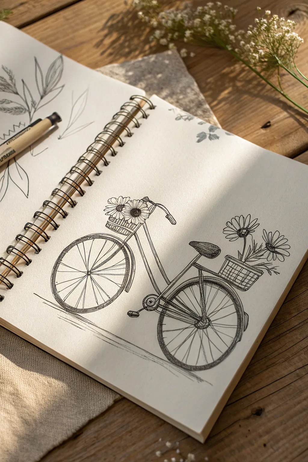 Simple hipster bicycle sketch with a daisy basket, minimalist lines and charming handmade feel
