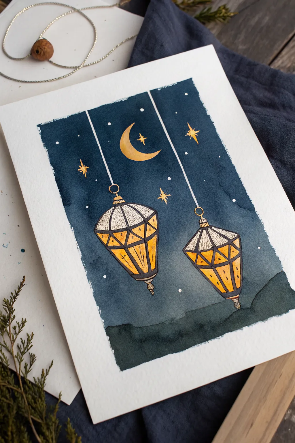 Simple Ramadan lanterns and crescent moon on a dreamy night wash, perfect for beginner painters