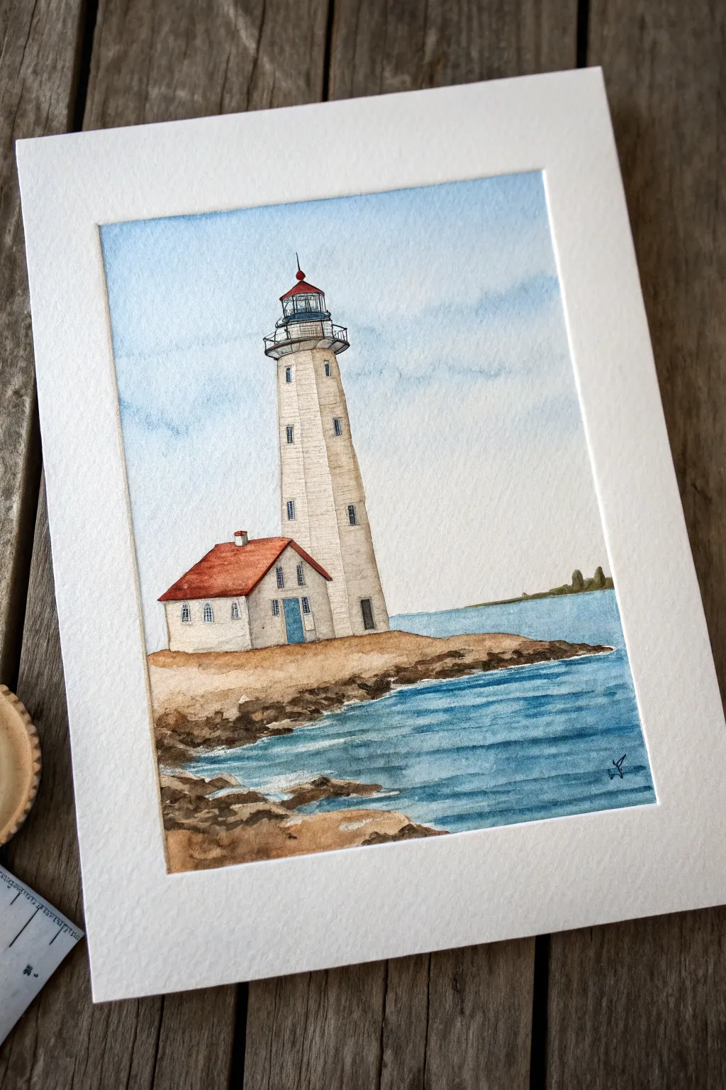 Easy two-tone lighthouse with calm reflection, minimalist waves and cozy coastal palette