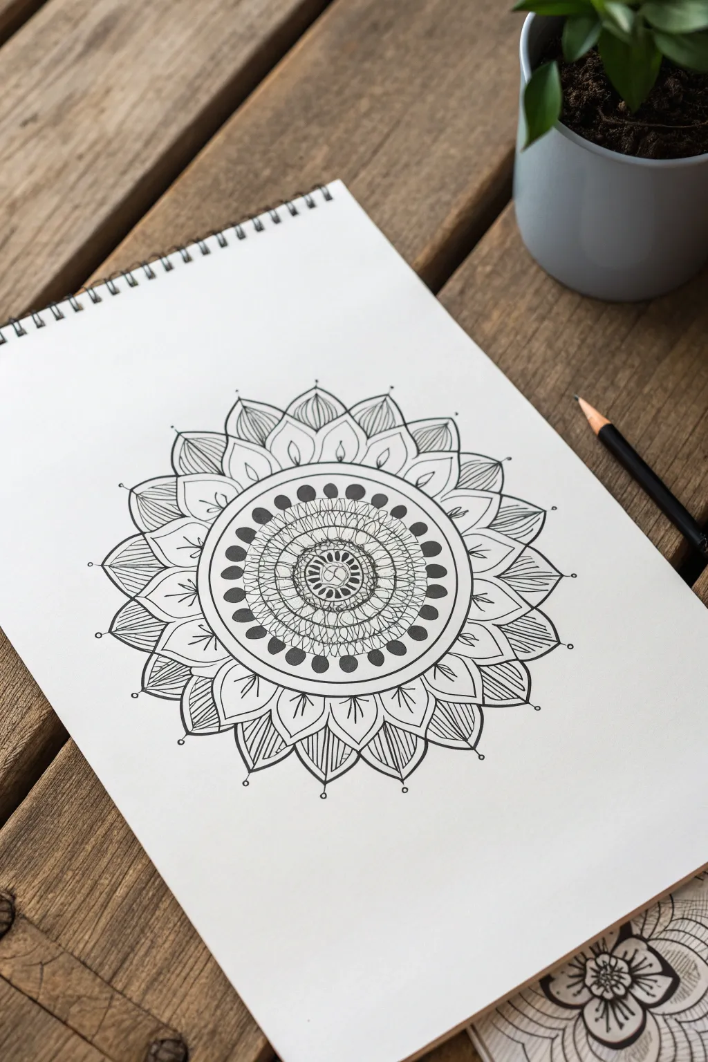 Easy mandala contrast: alternating thick and thin rings with simple arcs and tiny dots