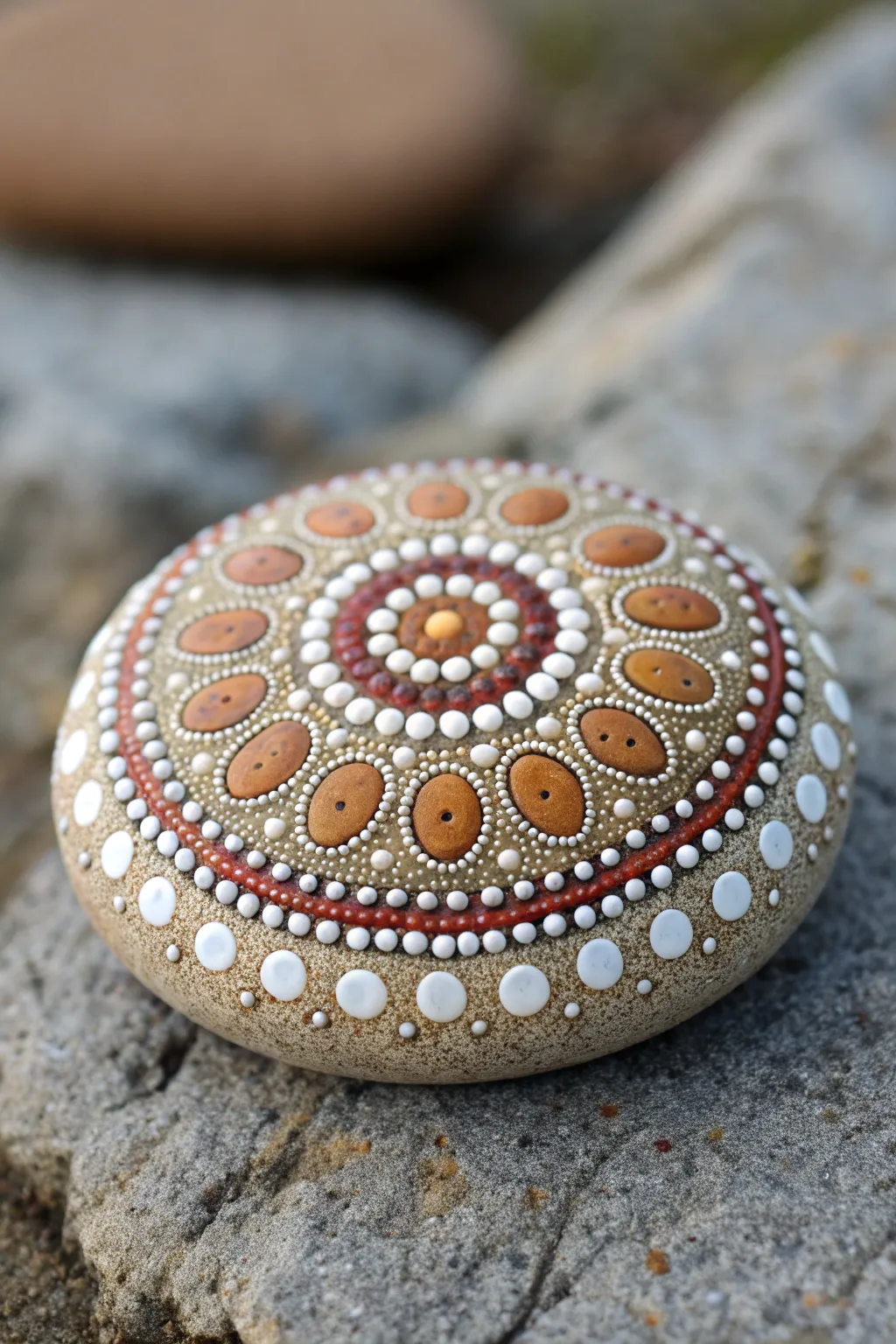 Raised layered-dot mandala rock in soft boho tones, shown close-up to highlight 3D depth