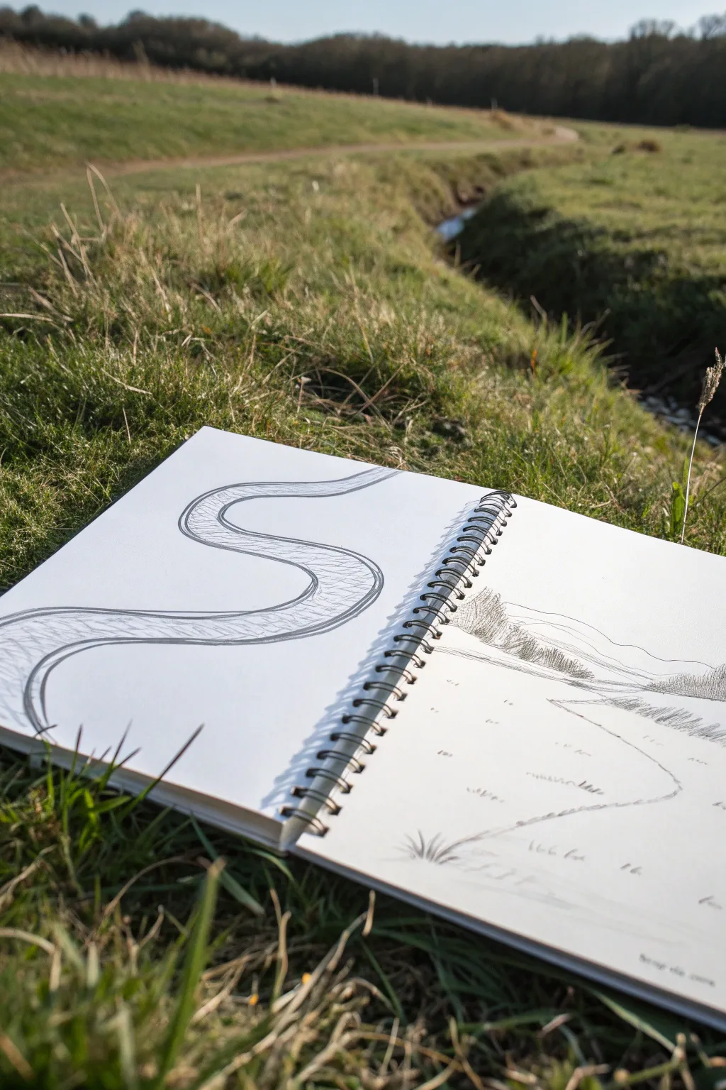 Simple river path sketch with gentle curves and soft shading, minimalist nature drawing idea