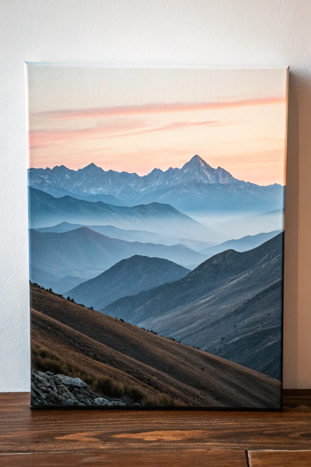 Mini mountain silhouettes under a soft gradient sky, a minimalist oil painting idea anyone can try
