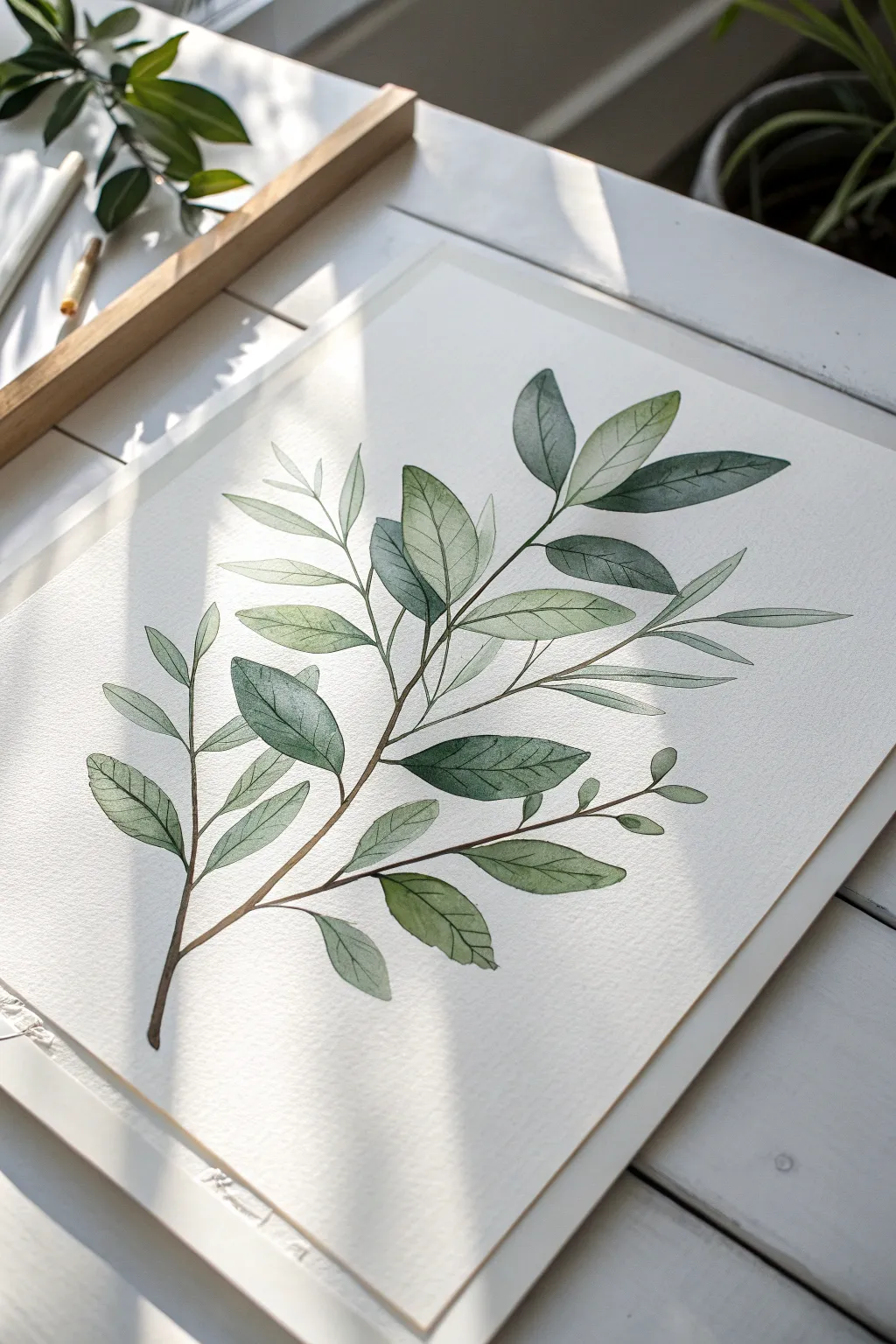 Minimal sage leaf branch line-and-wash: crisp ink, airy wash, and calm Scandinavian vibes