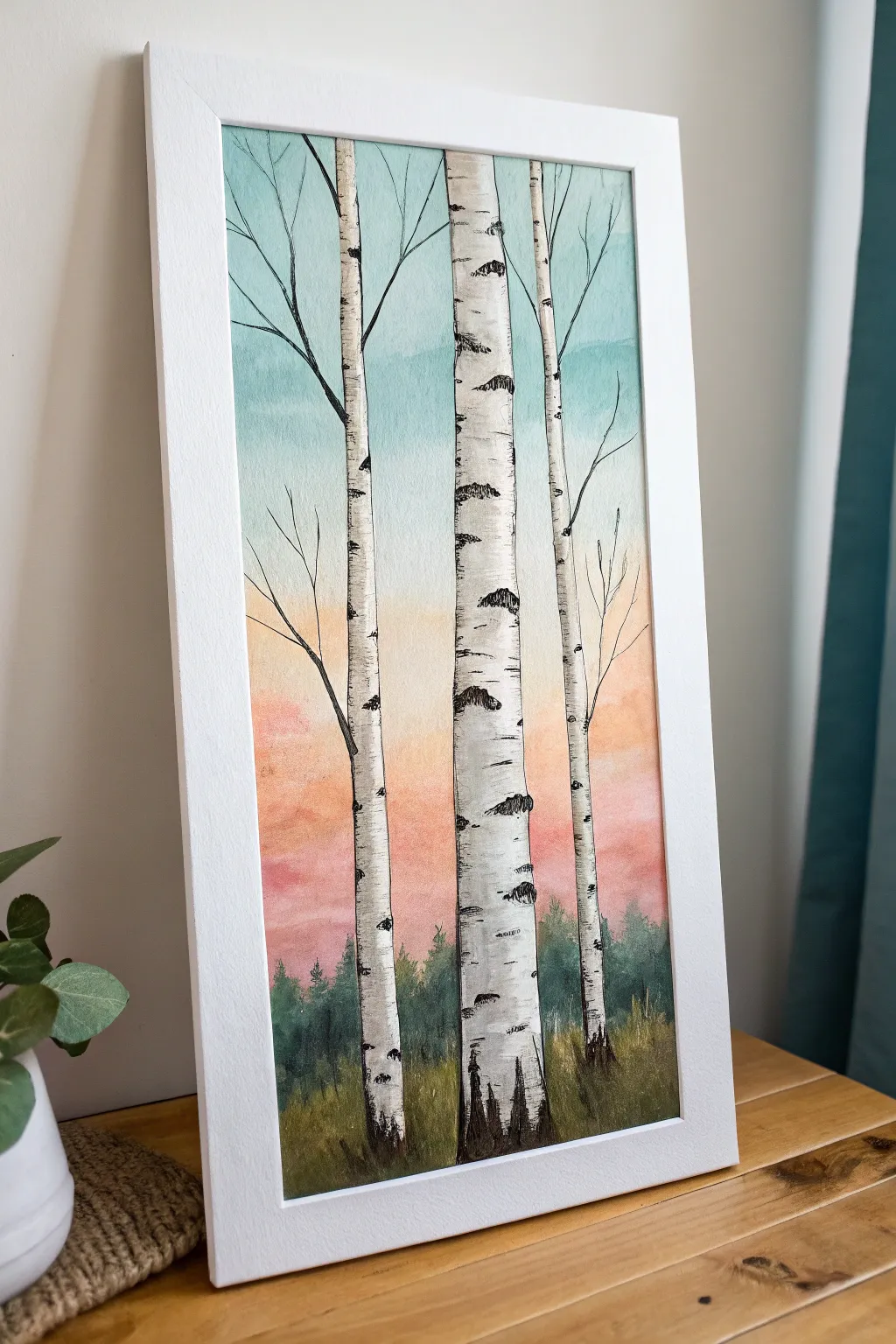 Soft gradient sky and simple birch trunks, an easy adult painting with beautiful minimalist payoff