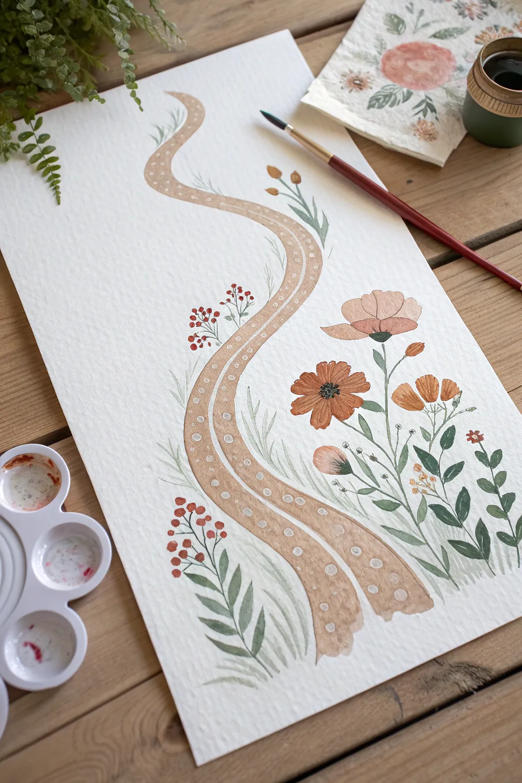 Finger-painted garden path idea with warm earthy dots, simple tools nearby for easy cleanup