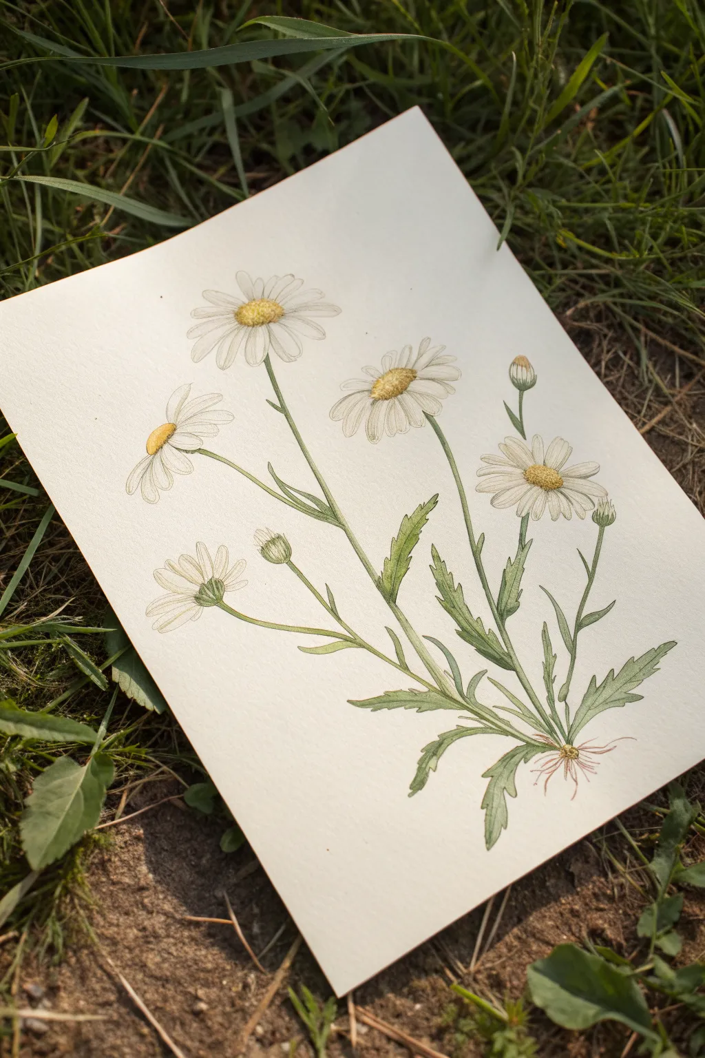 Layered pastel daisies in a simple wildflower meadow close-up, soft Scandinavian boho calm